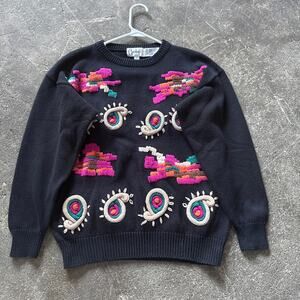 Vintage 80s Carducci Sweater Womens S Black Storybook Embroidered Holiday Winter